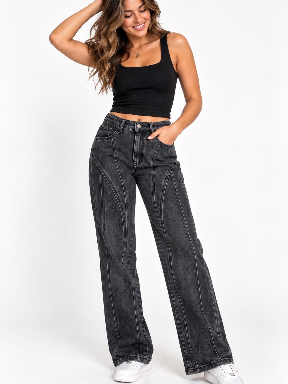 Windsor Jeans Size S Black Wash Seamed Wide Leg Contrast Seam Detailing